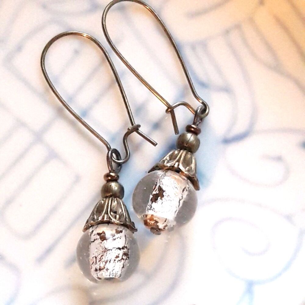 Silver Glass Antique Bronze SemiHoops Hidden Meaning earrings Fairy Goth   510■